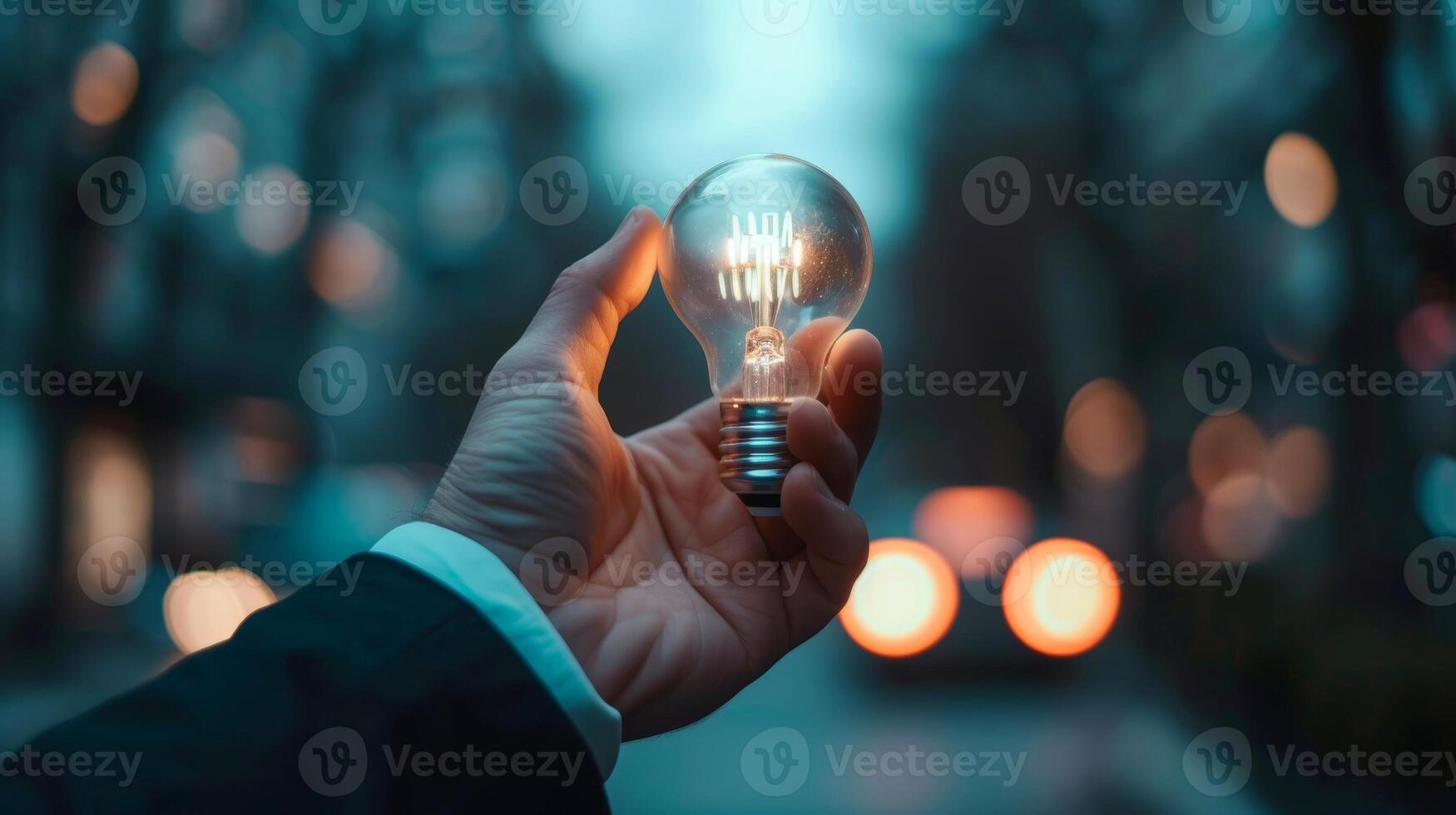AI generated Close-up, Hand of businessman holding illuminated light bulb, idea, innovation and inspiration concept, Generative AI photo