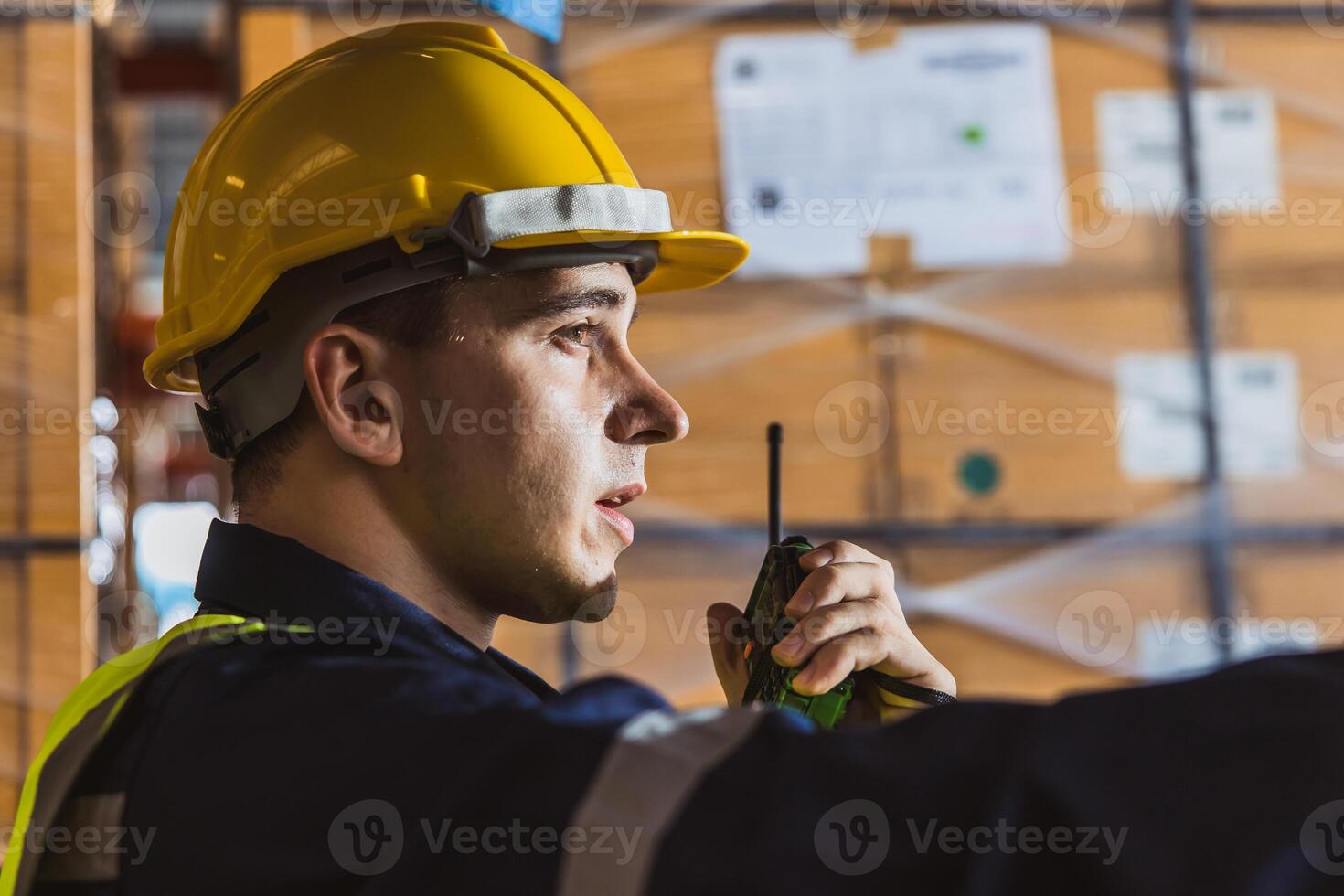Caucasian Russian male engineer staff worker team control loading cargo shipping in warehouse storage management photo