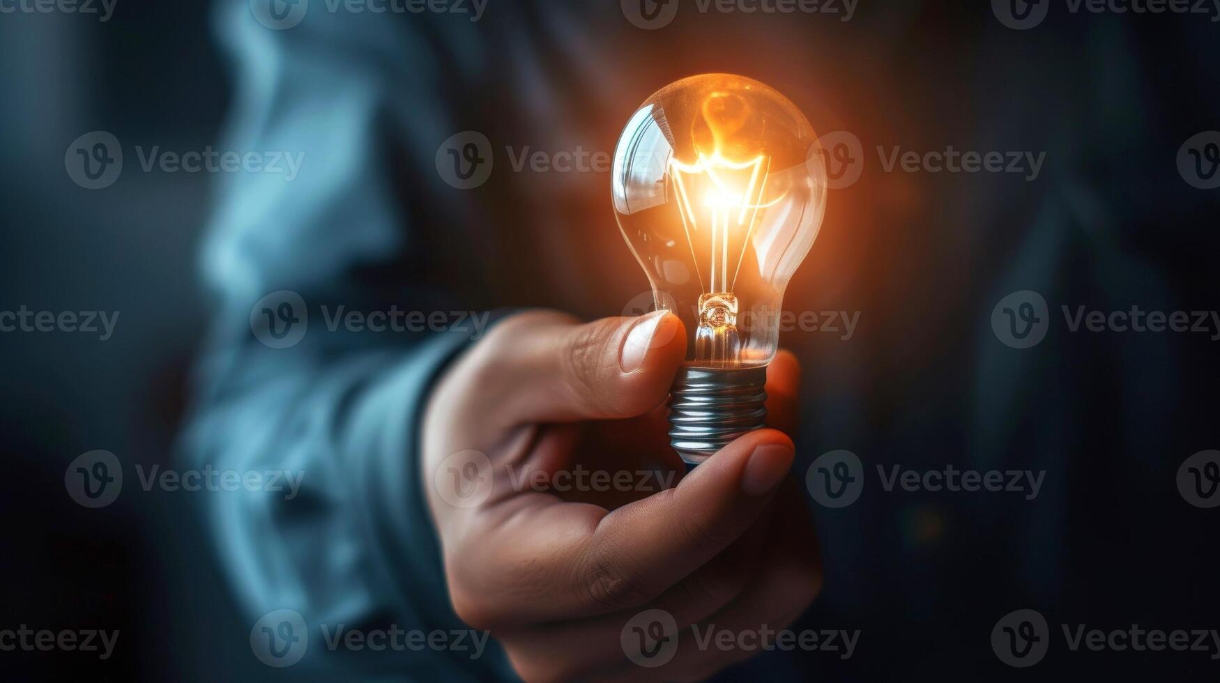 AI generated Close-up, Hand of businessman holding illuminated light bulb, idea, innovation and inspiration concept, Generative AI photo