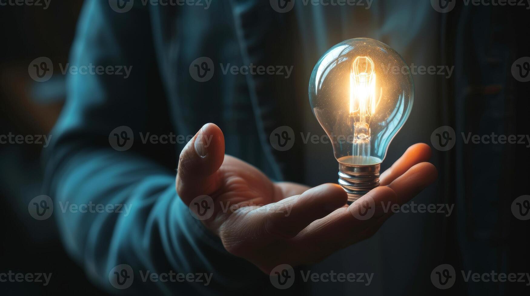 AI generated Close-up, Hand of businessman holding illuminated light bulb, idea, innovation and inspiration concept, Generative AI photo