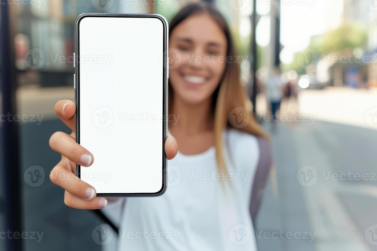 AI generated Close-up, Happy beautiful woman showing white smartphone, Generative AI photo