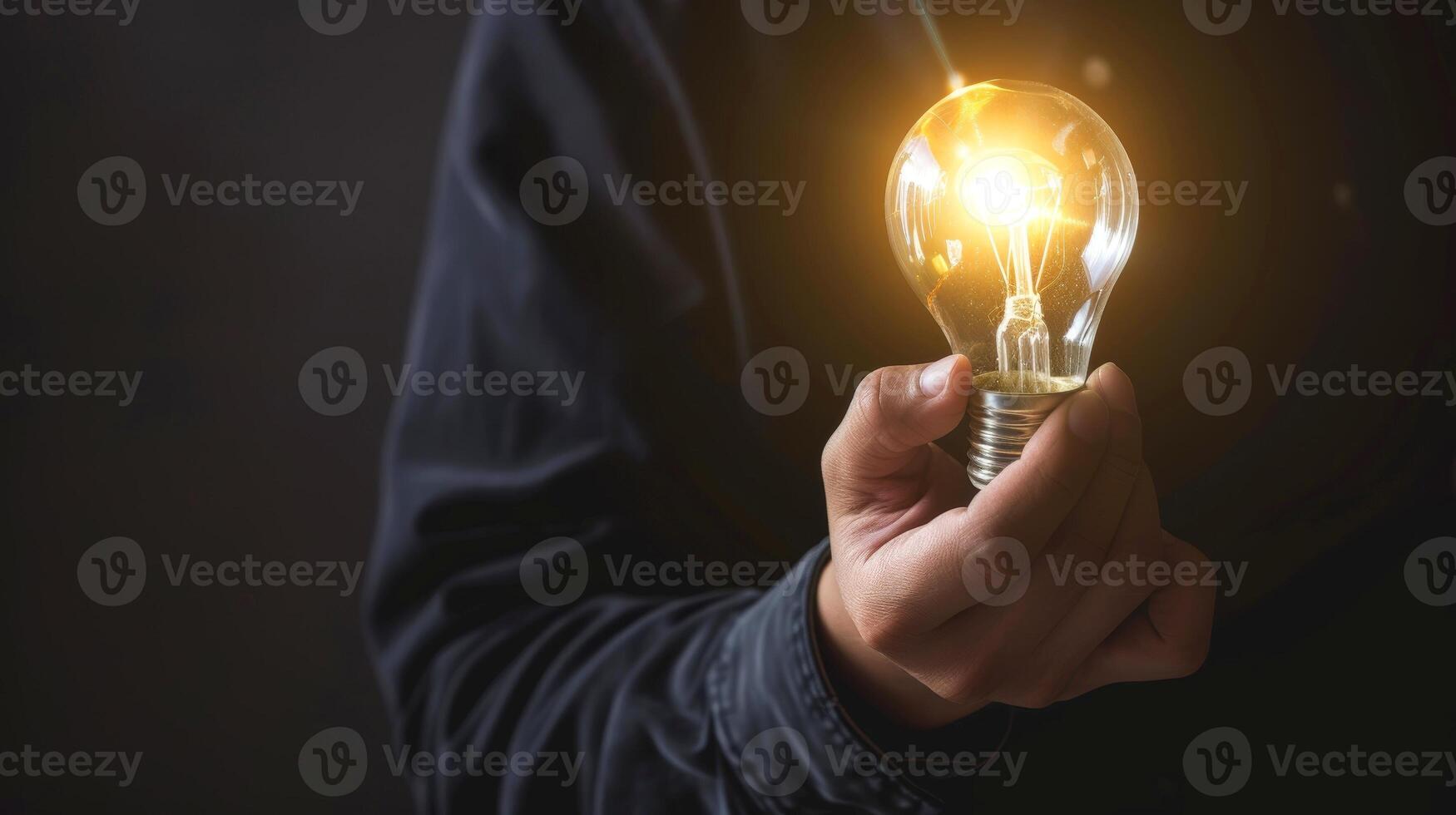 AI generated Close-up, Hand of businessman holding illuminated light bulb, idea, innovation and inspiration concept, Generative AI photo