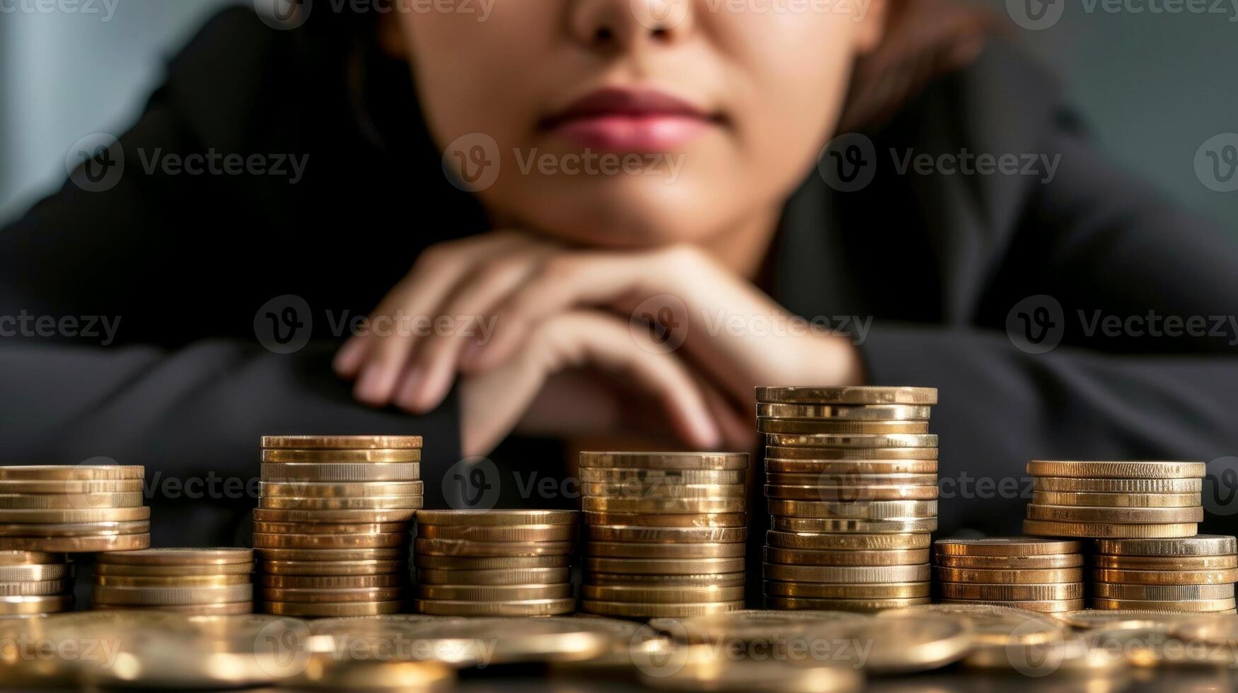AI generated Close-up, Businesswoman holding coins stacking, Generative AI photo