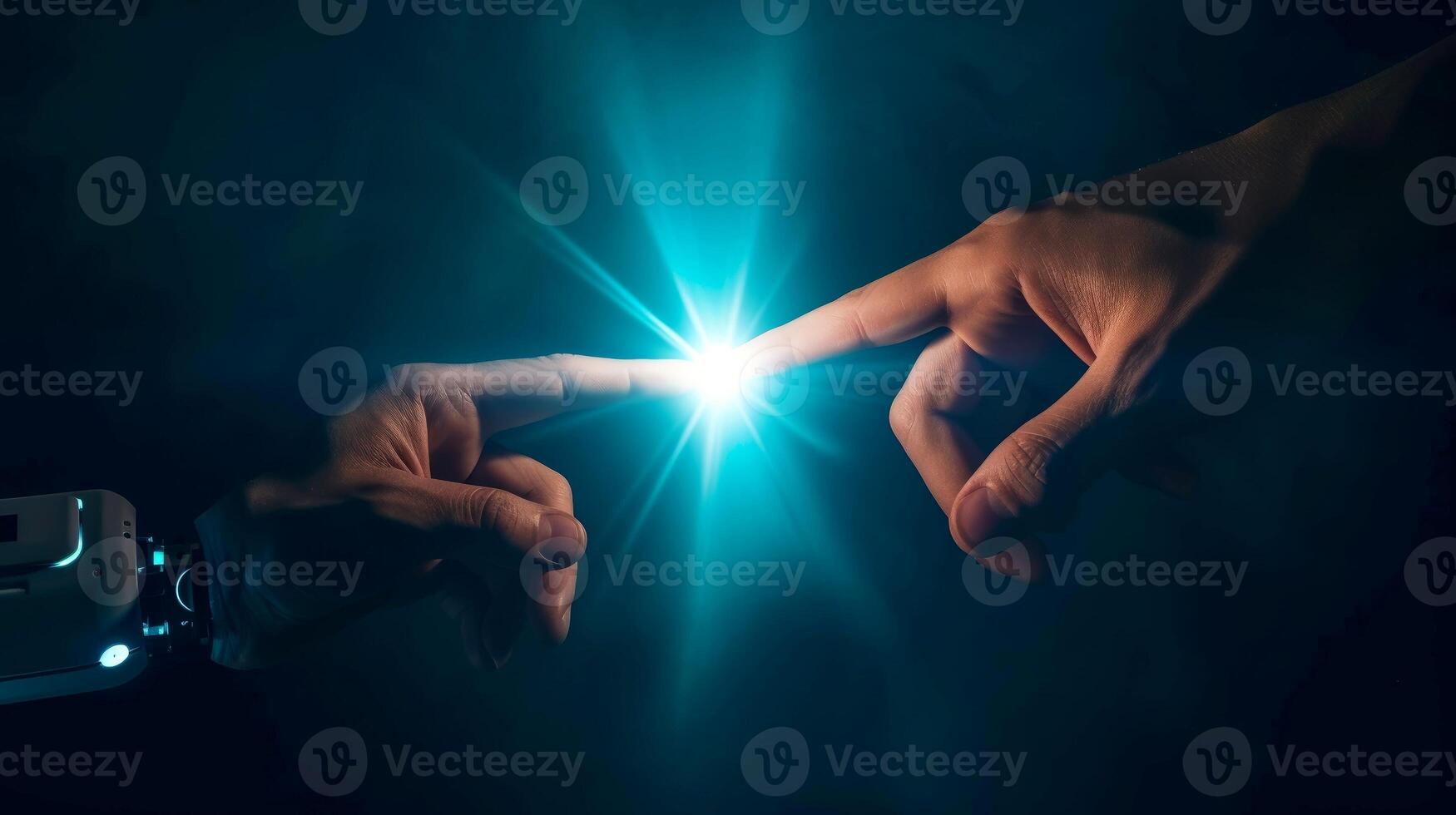 AI generated Cyborg finger about to touch human finger with light effect on dark background, Generative AI photo
