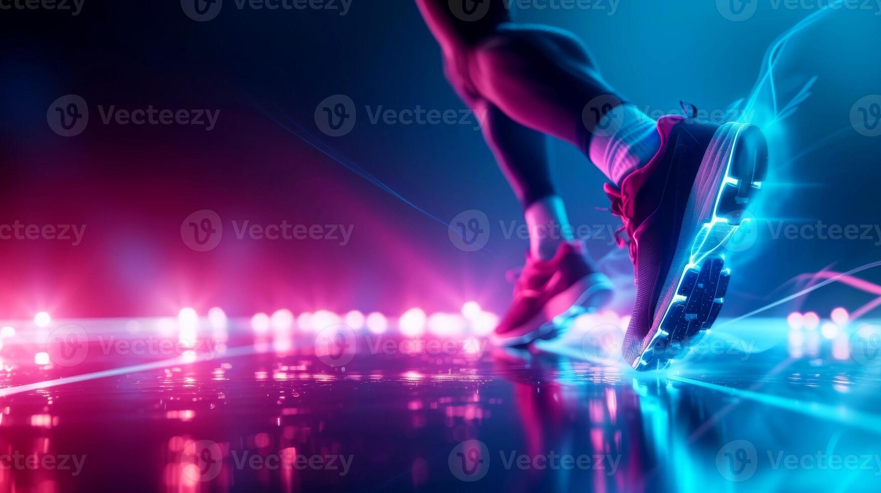 AI generated Close-up,Sporty young man running on blue neon effect background, Generative AI photo