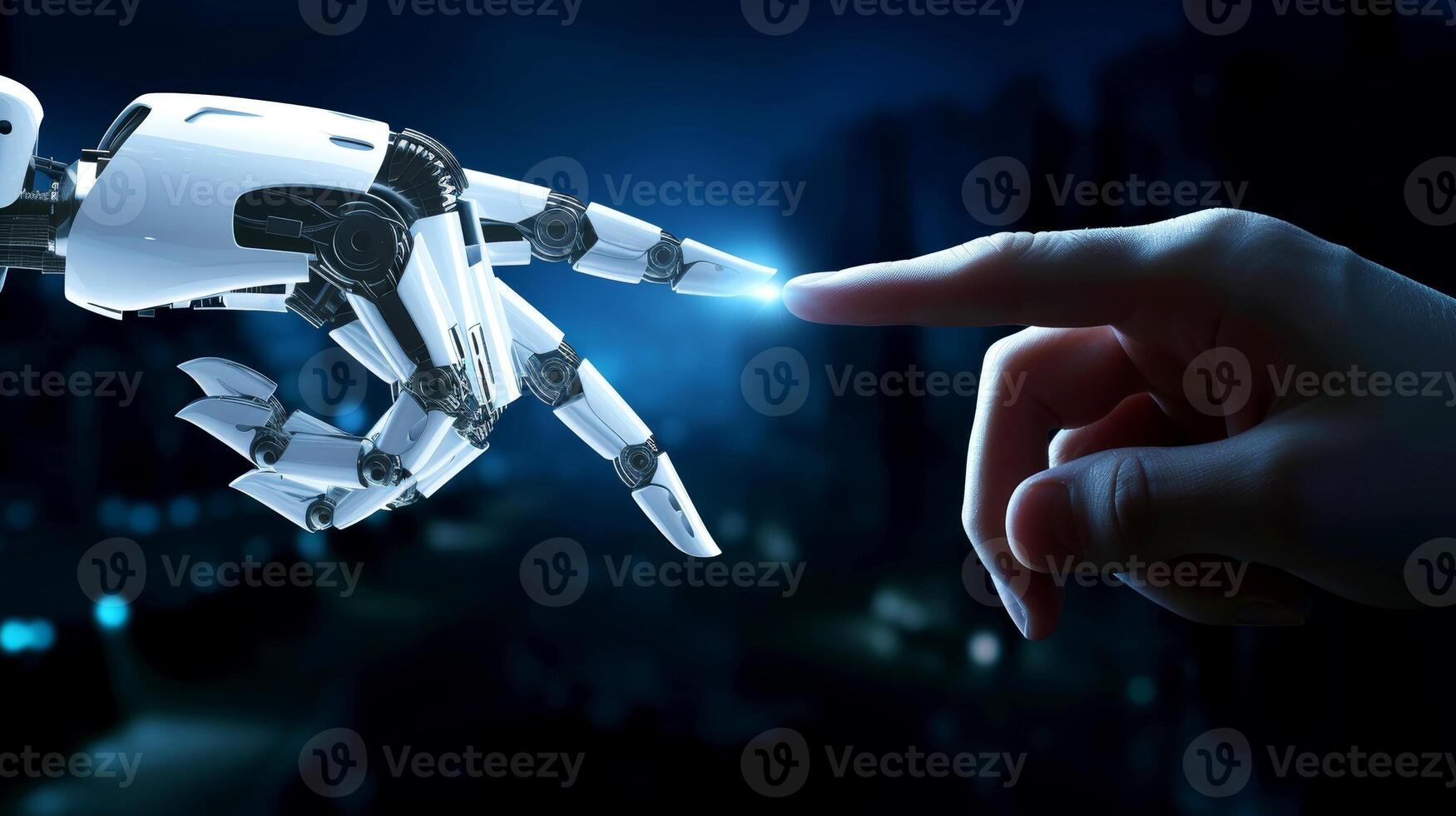AI generated Cyborg finger about to touch human finger with light effect on dark background, Generative AI photo