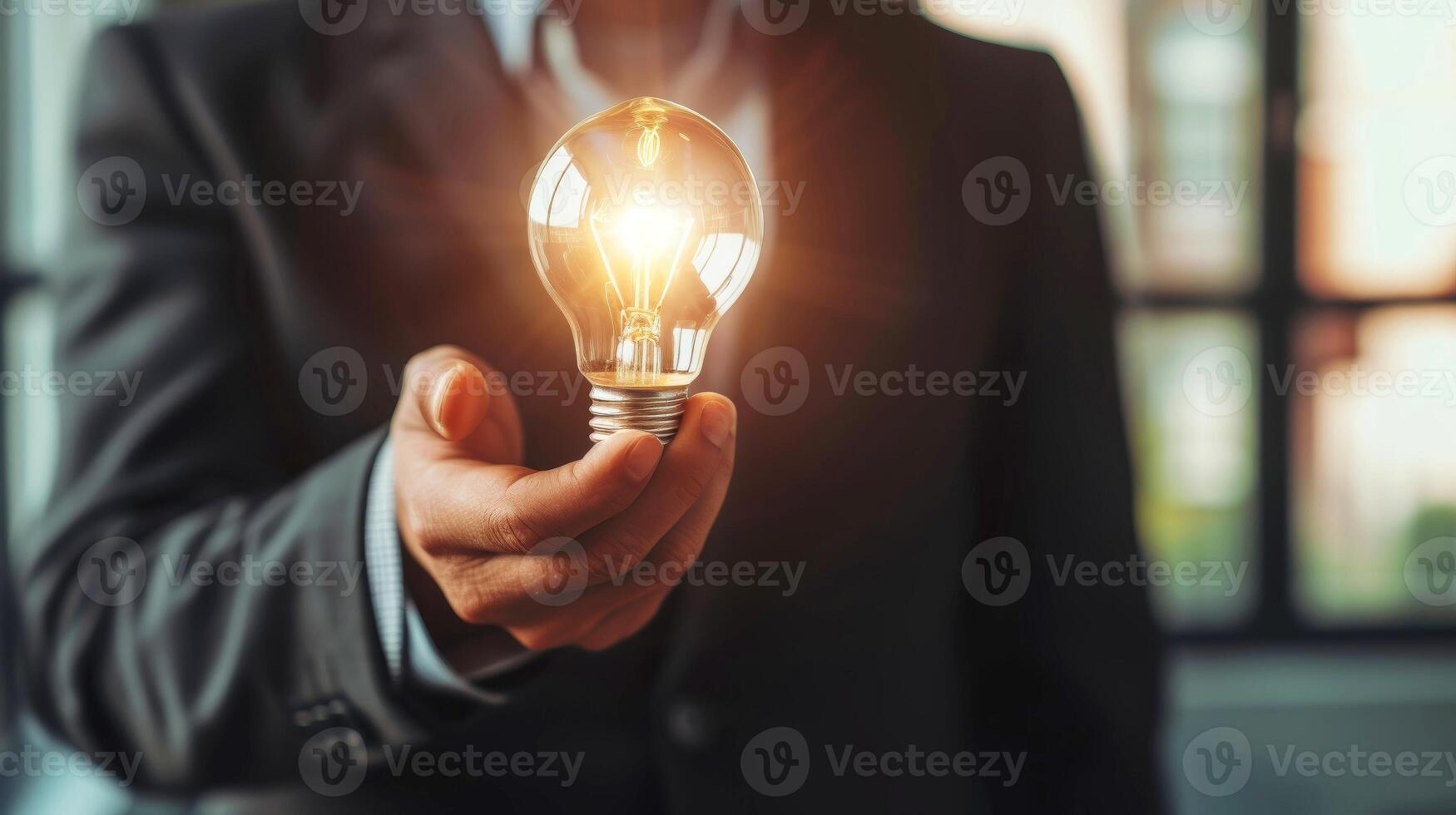 AI generated Close-up, Hand of businessman holding illuminated light bulb, idea, innovation and inspiration concept, Generative AI photo
