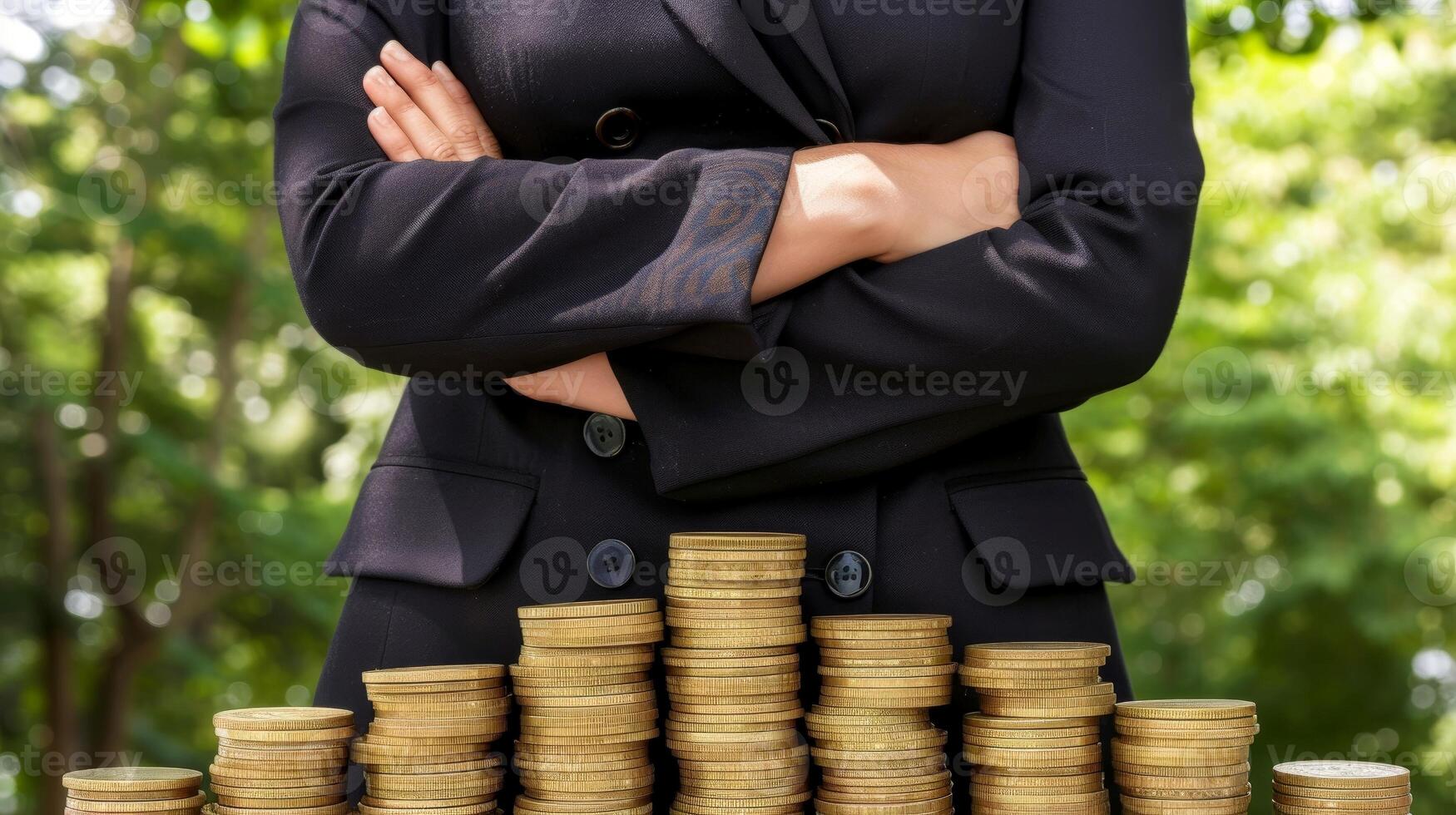 AI generated Close-up, Businesswoman holding coins stacking, Generative AI photo