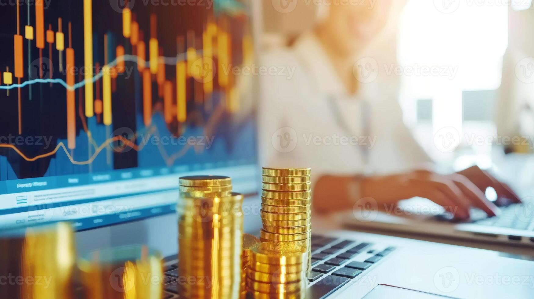 AI generated Close-up, Businesswoman holding coins stacking, Generative AI photo