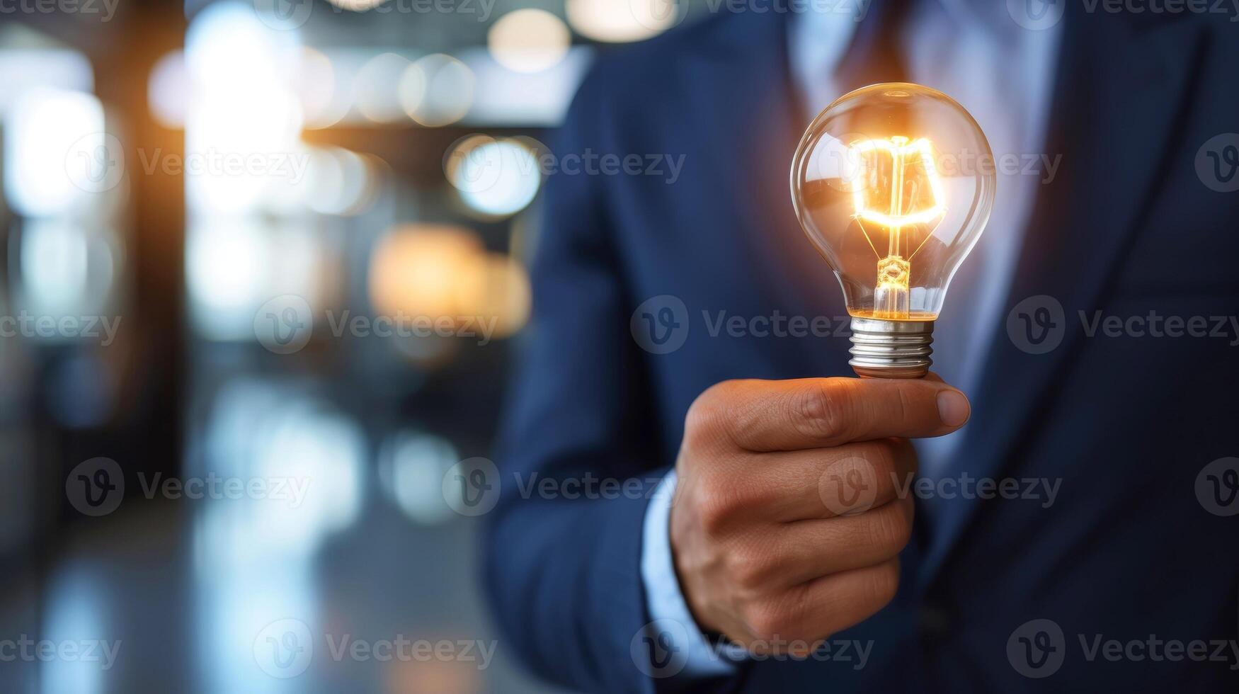 AI generated Close-up, Hand of businessman holding illuminated light bulb, idea, innovation and inspiration concept, Generative AI photo
