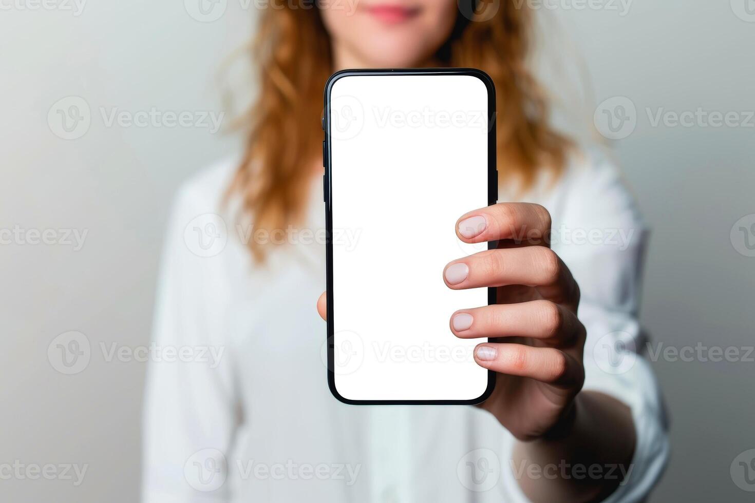 AI generated Close-up, Happy beautiful woman showing white smartphone, Generative AI photo