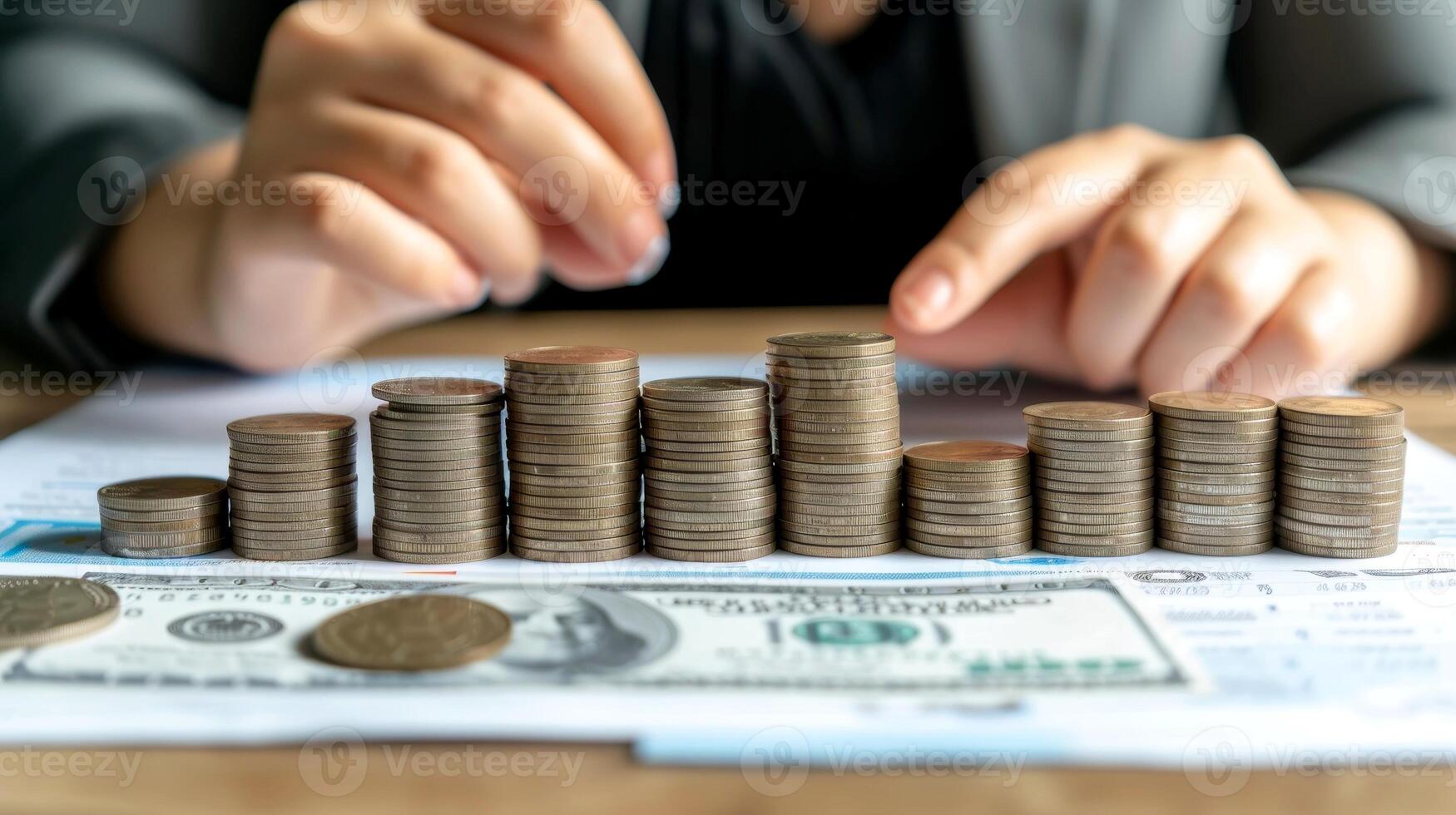 AI generated Close-up, Businesswoman holding coins stacking, Generative AI photo