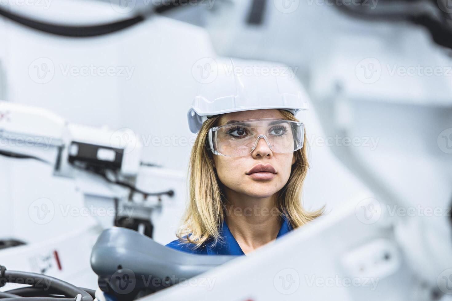 engineer woman worker working with robotic arm in productions lab research industry factory photo