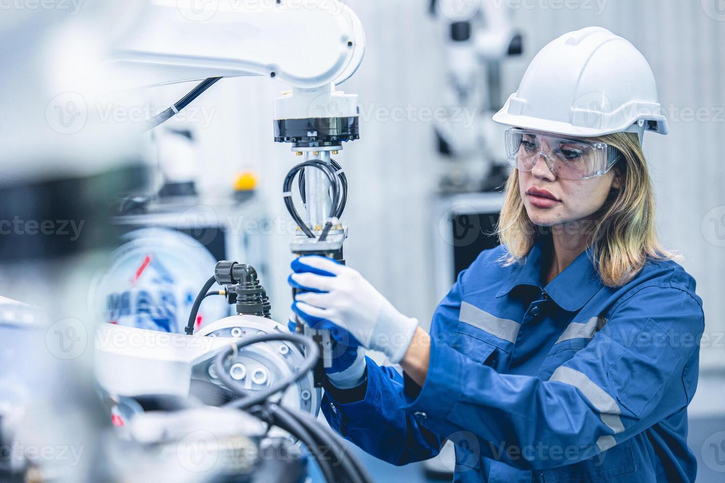 engineer woman worker working with robotic arm in productions lab research industry factory photo