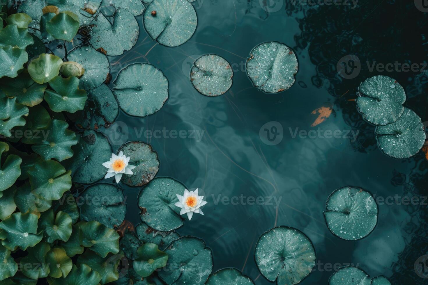 ai generado calma agua y sereno paisaje capturado en un De arriba hacia abajo foto de un lirio estanque, exhibiendo natural belleza y un tranquilo escena para eco terapia y atención plena relajación ambiental