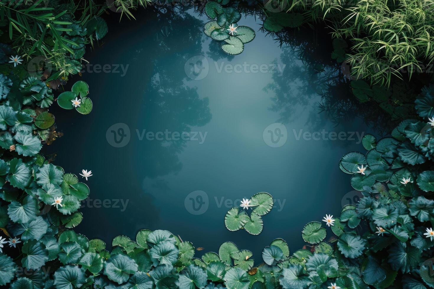 AI generated Calm water and serene landscape captured in a top-down photo of a lily pond, showcasing natural beauty and a tranquil scene for eco therapy and mindfulness relaxation environmental