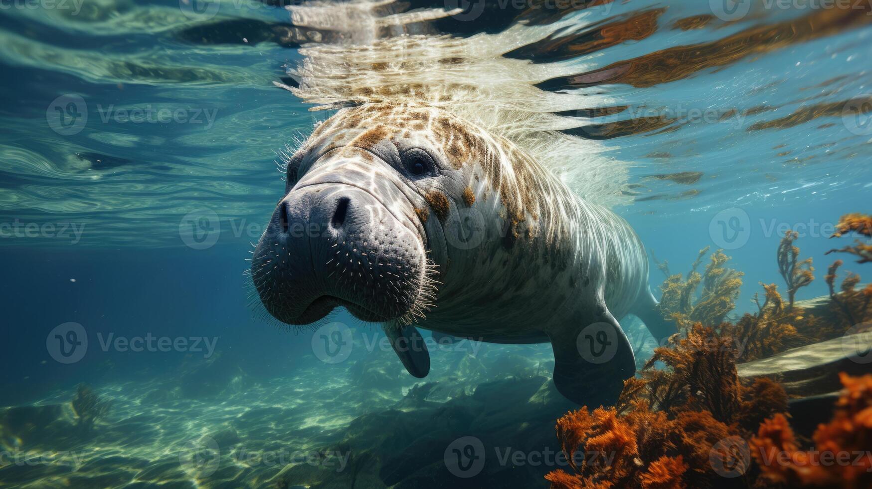AI generated Manatee Grazing in Seagrass A Serene Underwater Scene Capturing Marine Life and Eco-friendly Aspects on World Seagrass Day, Sea Cow in its Aquatic, Manatee and Seagrass Biodiversity photo