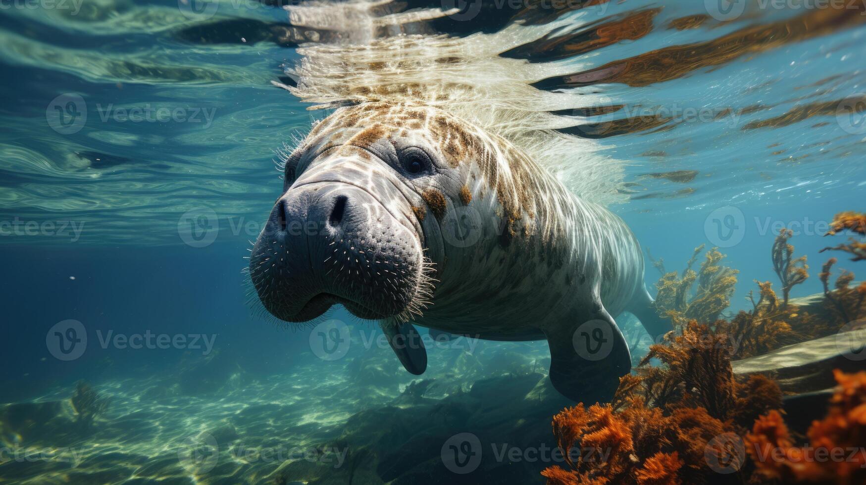 ai generado manatí pasto en algas marinas un sereno submarino escena capturar marina vida y Respetuoso del medio ambiente aspectos en mundo algas marinas día, mar vaca en sus acuático, manatí y algas marinas biodiversidad foto