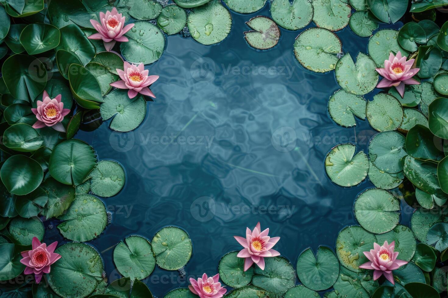 ai generado calma agua y sereno paisaje capturado en un De arriba hacia abajo foto de un lirio estanque, exhibiendo natural belleza y un tranquilo escena para eco terapia y atención plena relajación ambiental