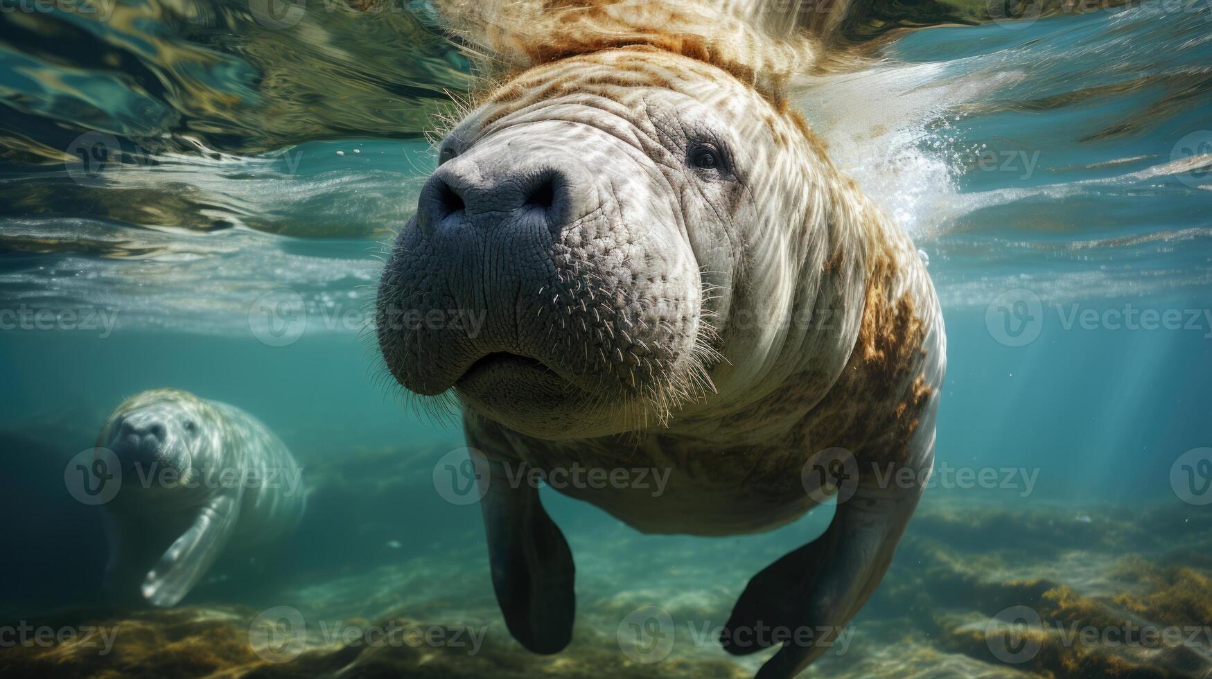 ai generado manatí pasto en algas marinas un sereno submarino escena capturar marina vida y Respetuoso del medio ambiente aspectos en mundo algas marinas día, mar vaca en sus acuático, manatí y algas marinas biodiversidad foto