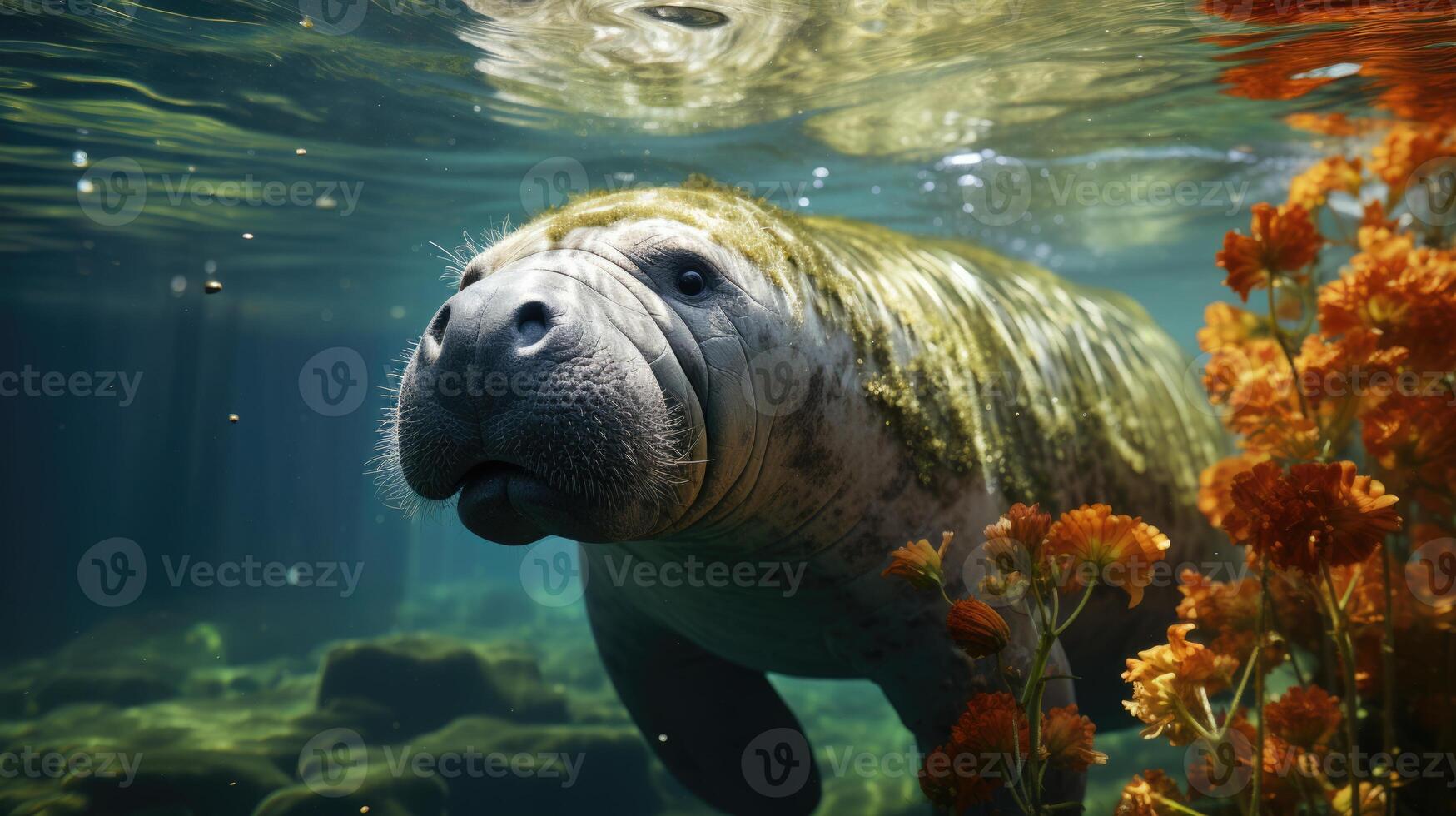 AI generated Manatee Grazing in Seagrass A Serene Underwater Scene Capturing Marine Life and Eco-friendly Aspects on World Seagrass Day, Sea Cow in its Aquatic, Manatee and Seagrass Biodiversity photo