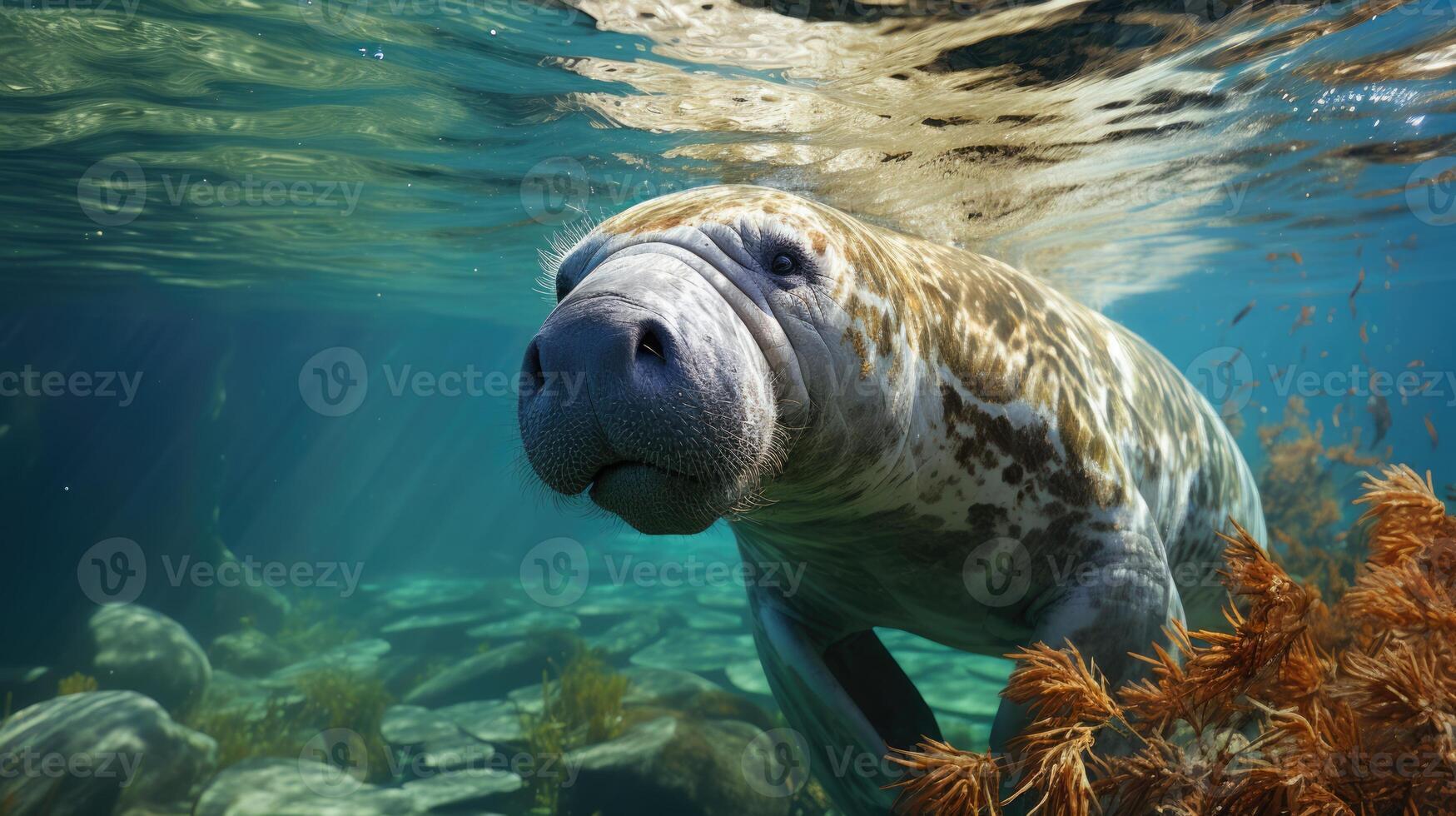 ai generado manatí pasto en algas marinas un sereno submarino escena capturar marina vida y Respetuoso del medio ambiente aspectos en mundo algas marinas día, mar vaca en sus acuático, manatí y algas marinas biodiversidad foto