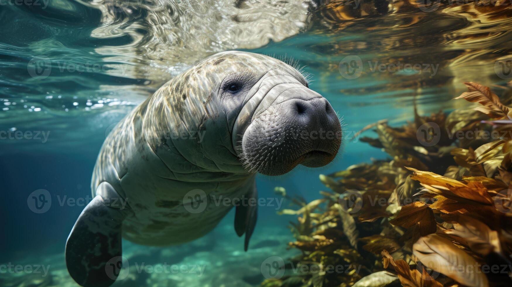 AI generated Manatee Grazing in Seagrass A Serene Underwater Scene Capturing Marine Life and Eco-friendly Aspects on World Seagrass Day, Sea Cow in its Aquatic, Manatee and Seagrass Biodiversity photo