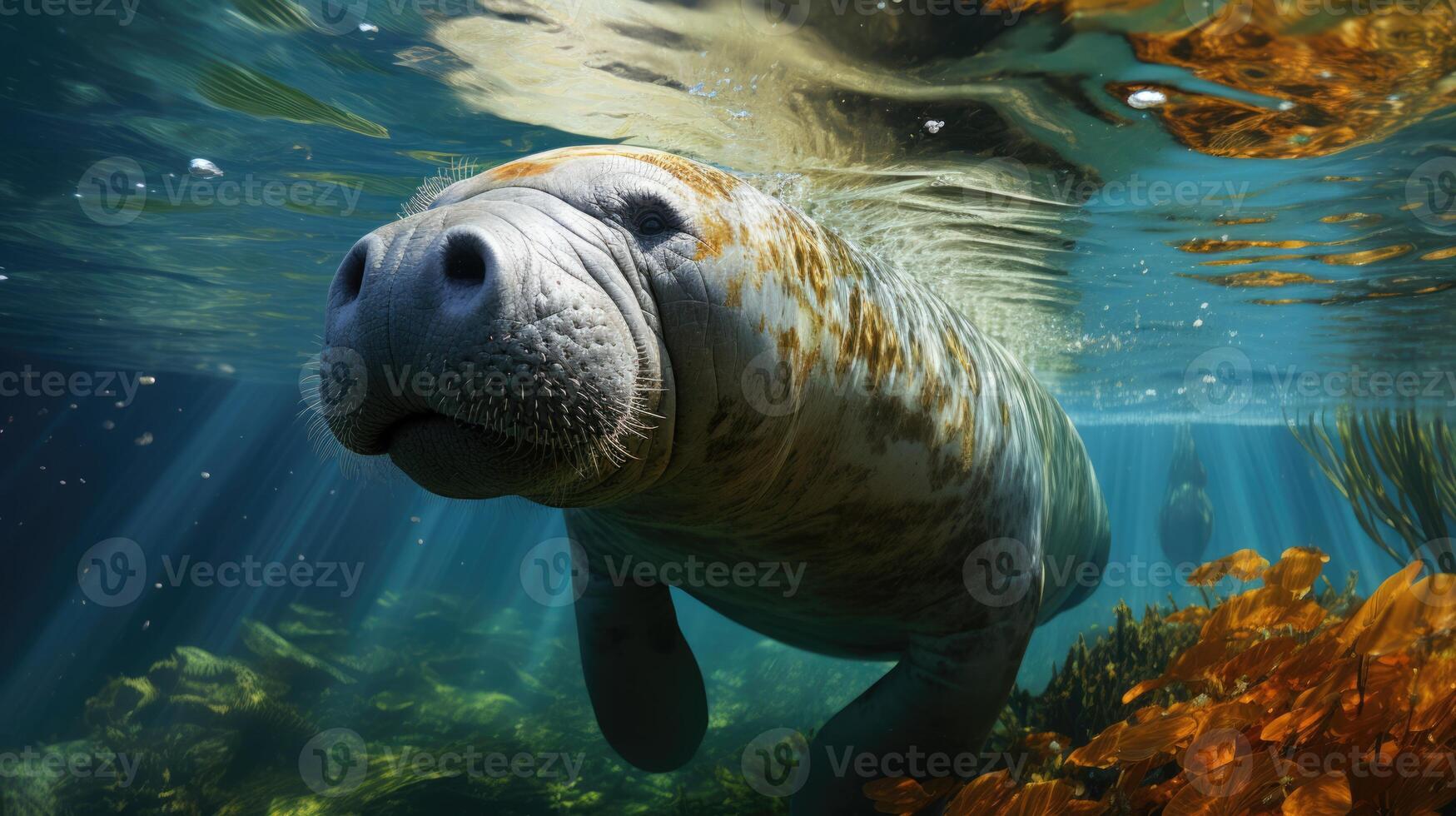 AI generated Manatee Grazing in Seagrass A Serene Underwater Scene Capturing Marine Life and Eco-friendly Aspects on World Seagrass Day, Sea Cow in its Aquatic, Manatee and Seagrass Biodiversity photo