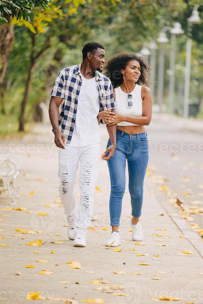 Date couple man and women valentine day. African black lover at park outdoors summer season vintage color tone photo