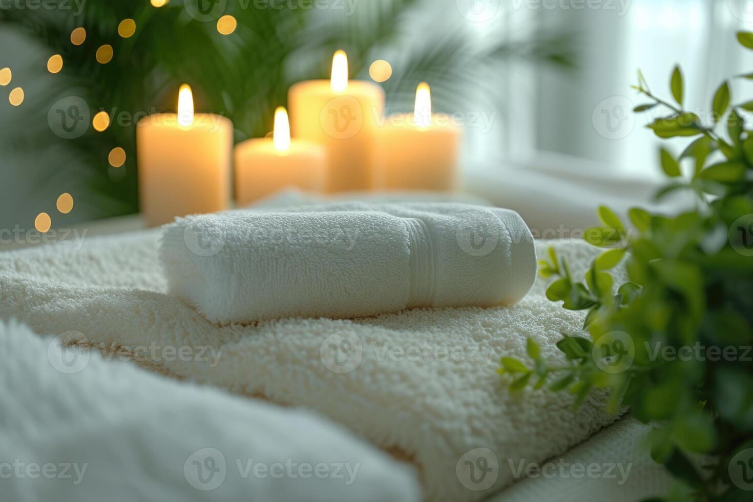 AI generated Home Spa Fluffy White Towels, Serene Calming  Candles, and a Bright, Clean Background for Ultimate Relaxation and Wellness, Relaxing Day at Home, AI-generated photo