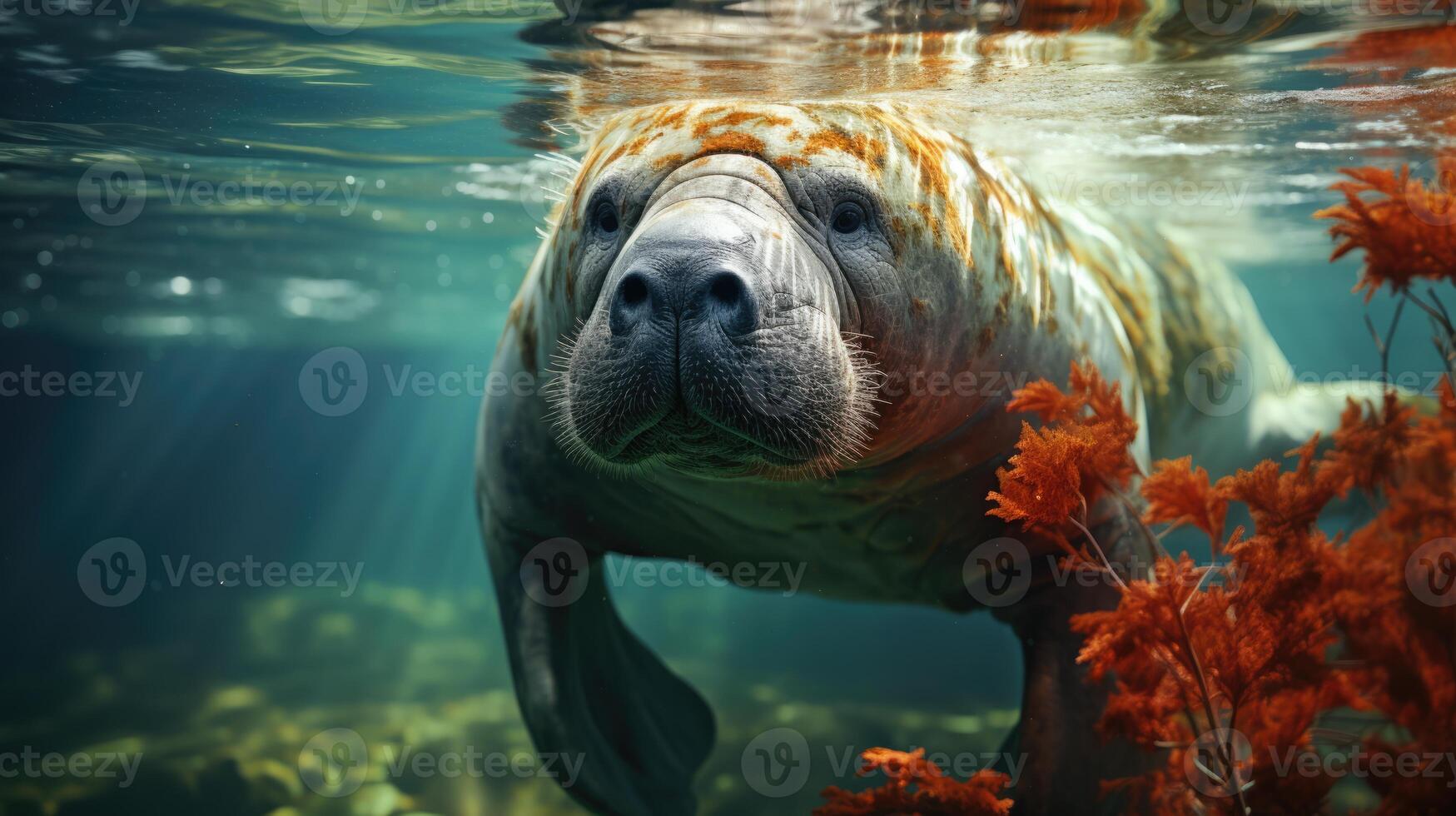 AI generated Manatee Grazing in Seagrass A Serene Underwater Scene Capturing Marine Life and Eco-friendly Aspects on World Seagrass Day, Sea Cow in its Aquatic, Manatee and Seagrass Biodiversity photo