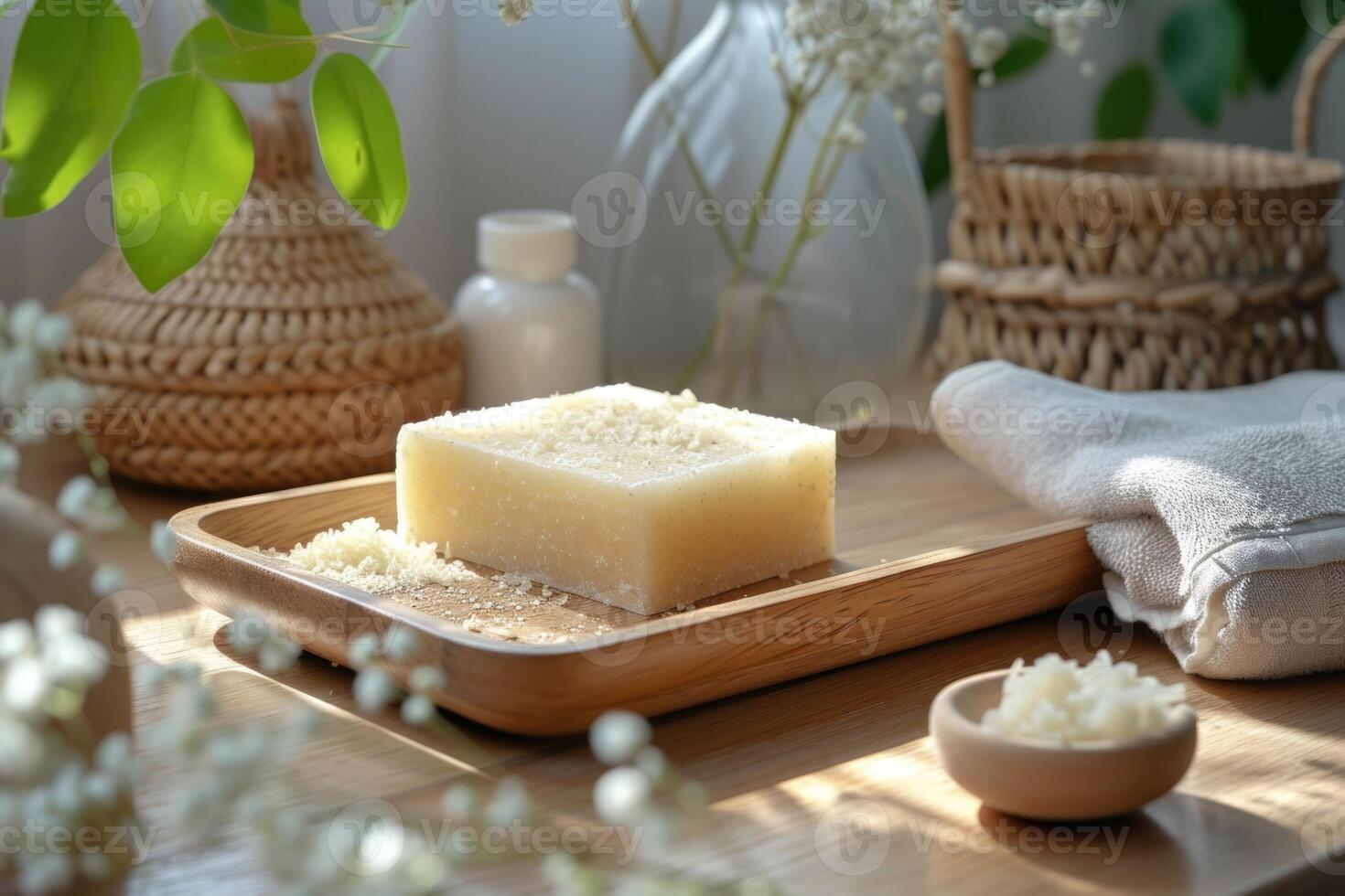 AI generated Self-care ritual with handmade soap and natural loofah on wooden tray, embodying sustainable luxury and wellness, clean, and bright environment, AI-generated photo