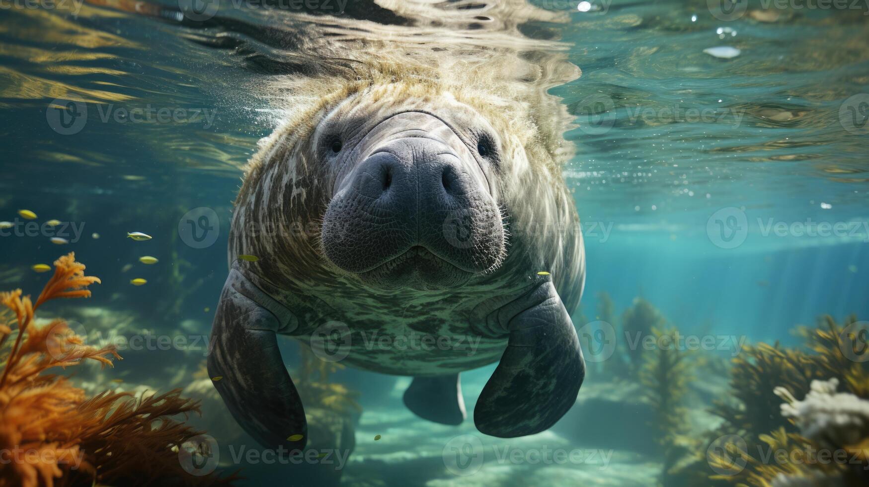 AI generated Manatee Grazing in Seagrass A Serene Underwater Scene Capturing Marine Life and Eco-friendly Aspects on World Seagrass Day, Sea Cow in its Aquatic, Manatee and Seagrass Biodiversity photo