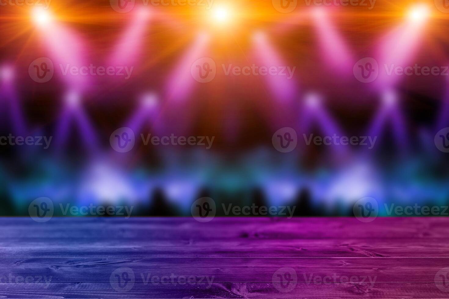 blur colorful concert hall disco dancing space background with empty wooden floor for advertising products montage backdrop photo