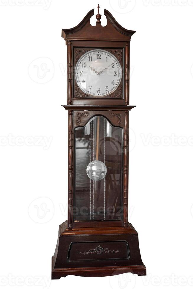 Grandfather Clock. old wooden tall large home clock vintage style isolated on white background. photo