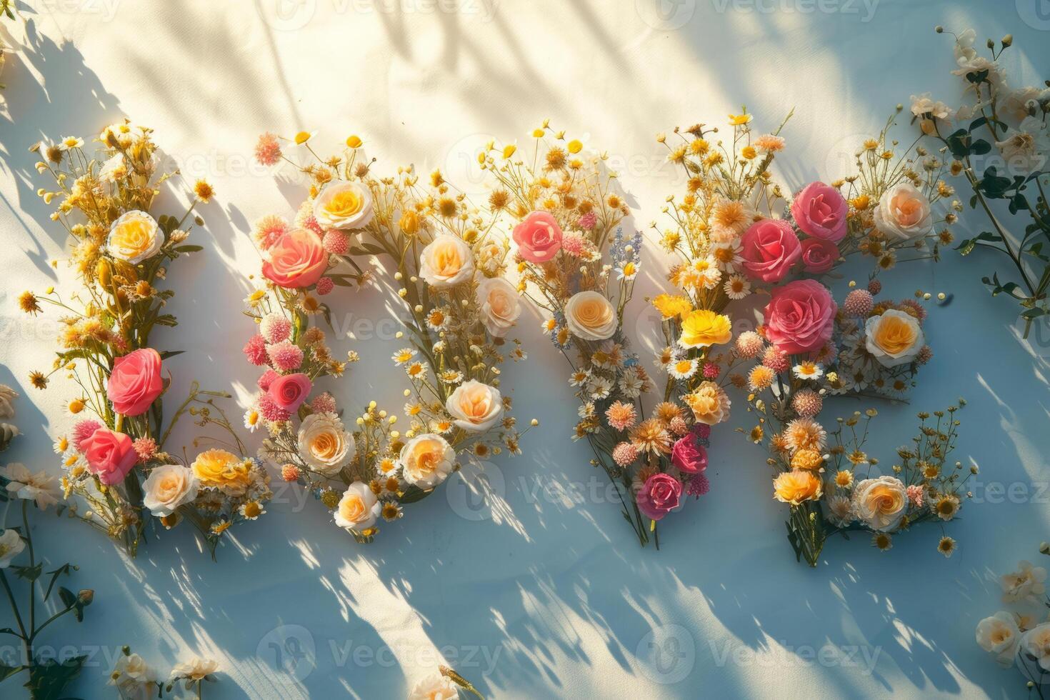 AI generated Letters Love made of flowers in pastel colors. Generative AI photo