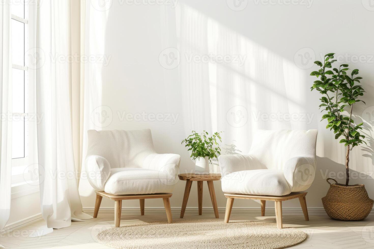 AI generated Two comfortable chairs in a living room with a potted plant. Minimalism. Generative AI photo