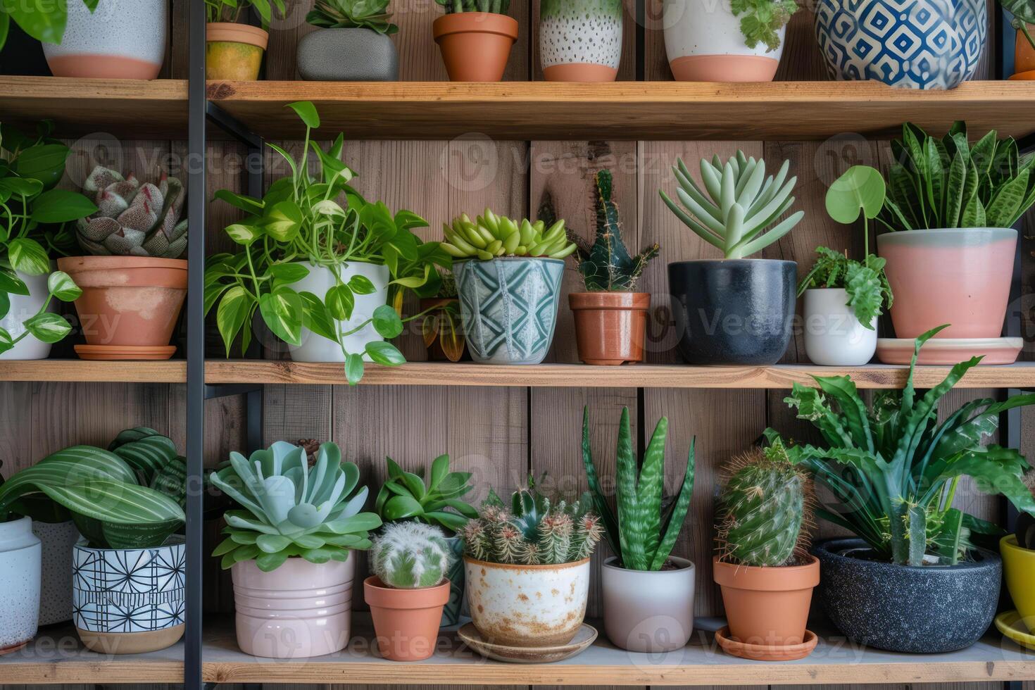 AI generated Shelf filled with potted plants. Home decor and tree lover concept. Generative AI photo