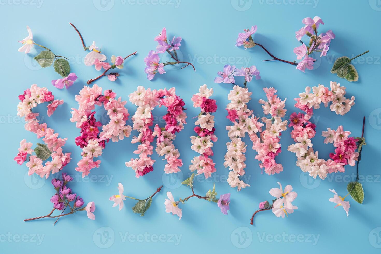 AI generated Letters Spring made of flowers in pastel colors. Generative AI photo