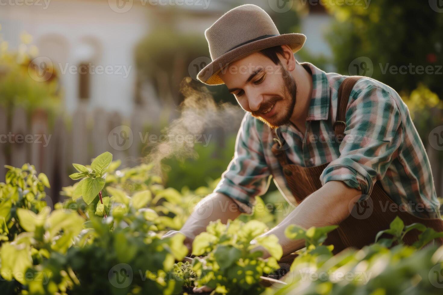 ai generado hombre jardinería especias en su patio interior. generativo ai foto