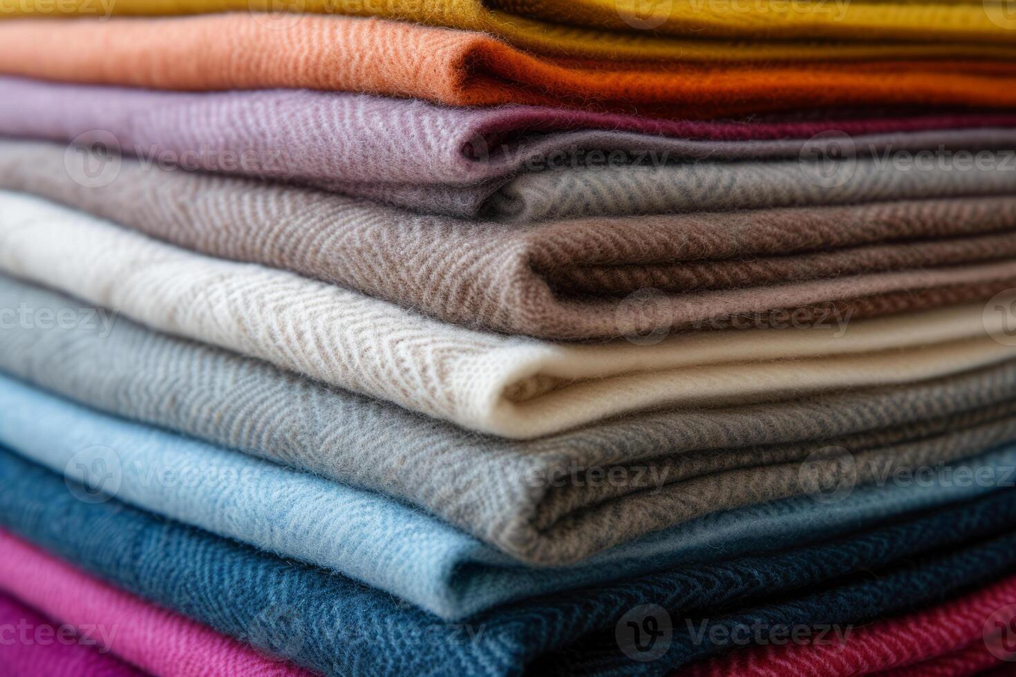 AI generated Colorful wool or alpaca blankets stacked in pile. Generative AI photo