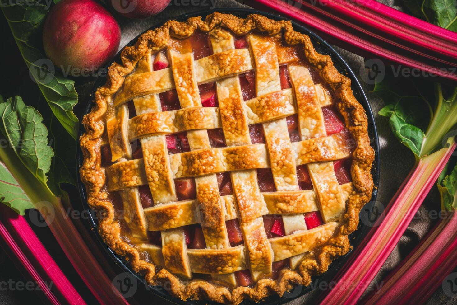 AI generated Rhubarb pie surrounded by fresh rhubarb stalks. Generative AI photo