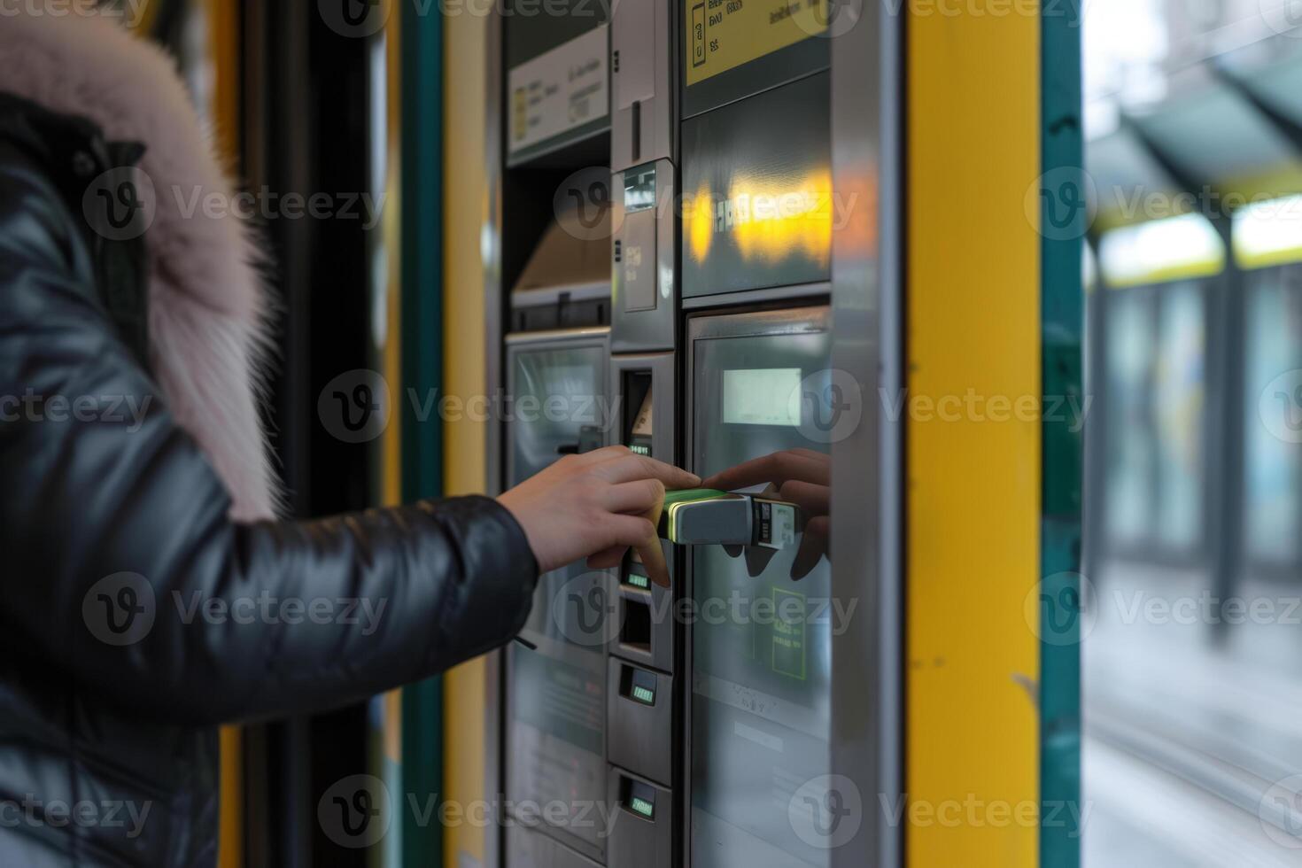 AI generated Person using ticket machine at the station. Buying tickets for public transportation. Generative AI photo