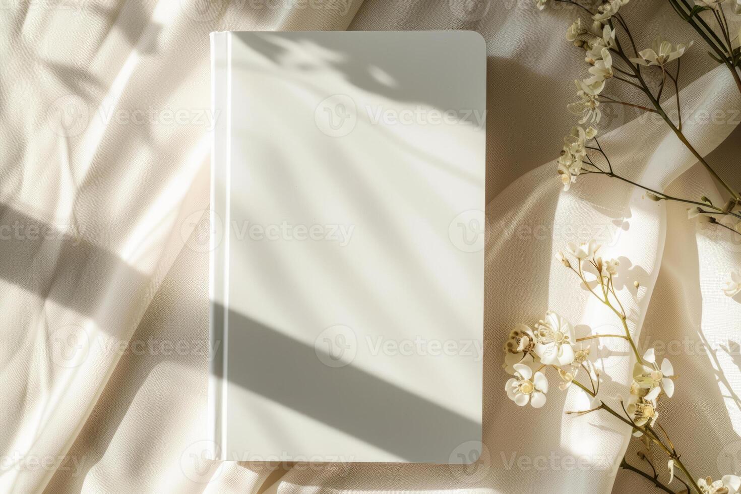 AI generated Mockup of a blank cover white book with a sunny background. Generative AI photo