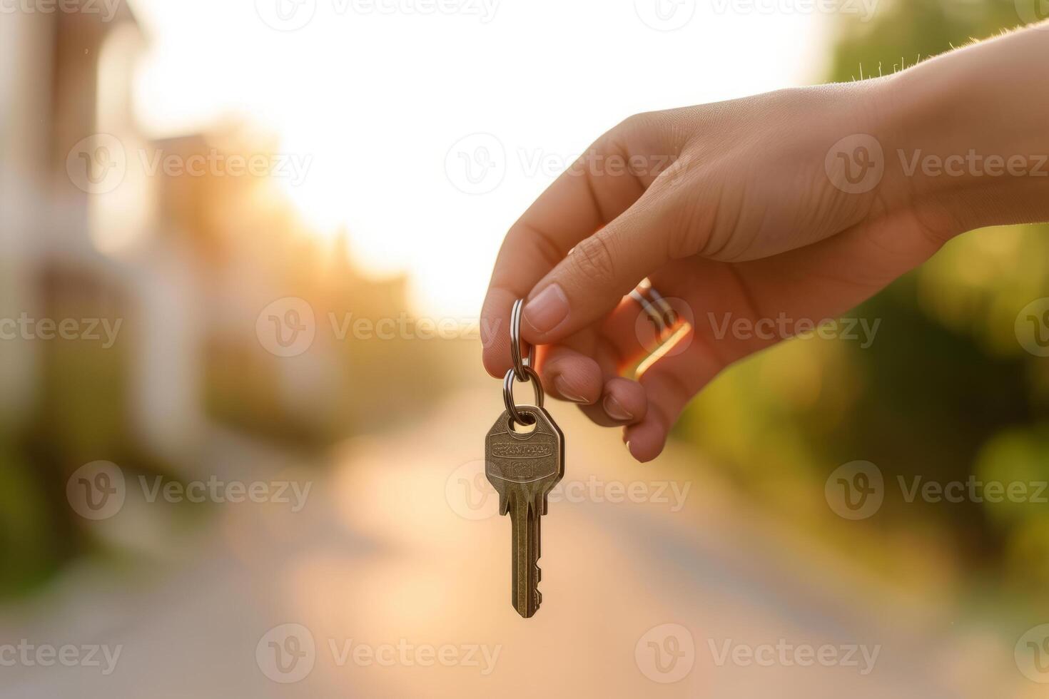 AI generated Hand hold keys in front of new home. Concept of buying, renting or selling real estate. Generative AI photo