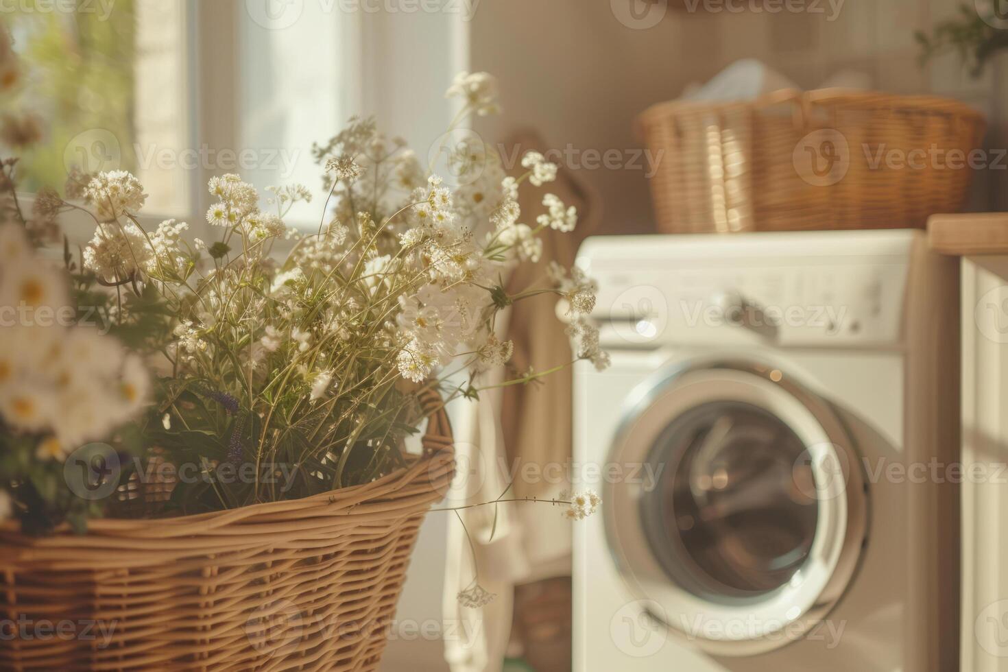 AI generated Laundry room interior. Washing machine and wicker basket. Generative AI photo