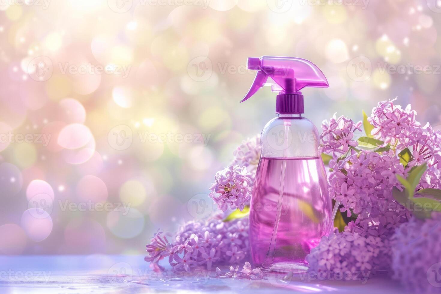 AI generated Violet cleaning spray bottle with bubbles on sunny background. Spring cleaning concept. Generative AI photo