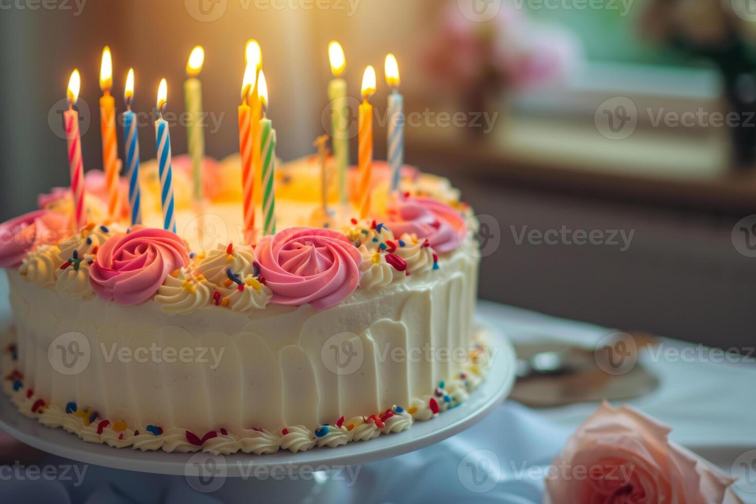 ai generado hermosamente decorado cumpleaños pastel con iluminado velas generativo ai foto