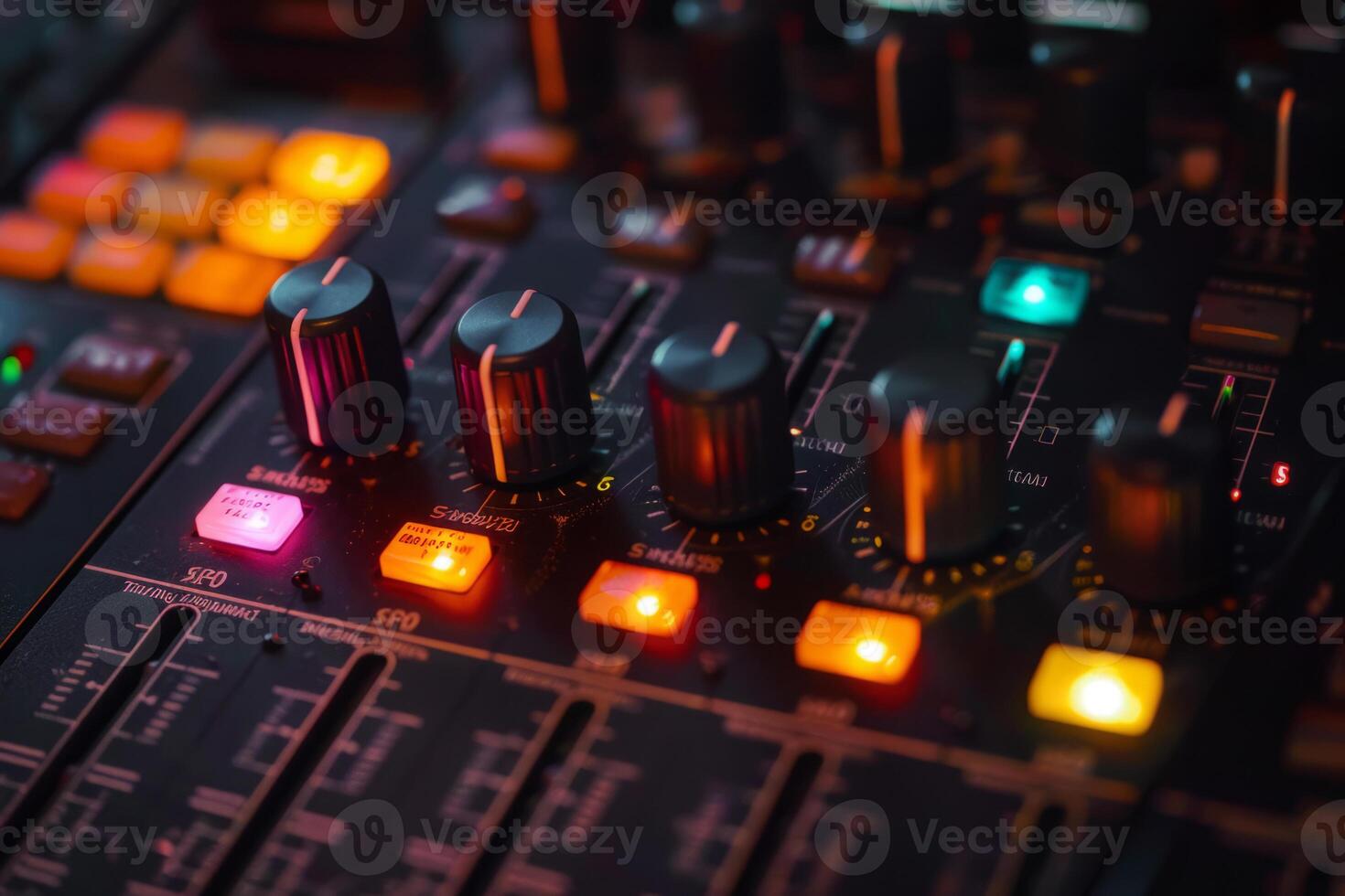 AI generated Audio sound mixer control panel with buttons and sliders. Generative AI photo
