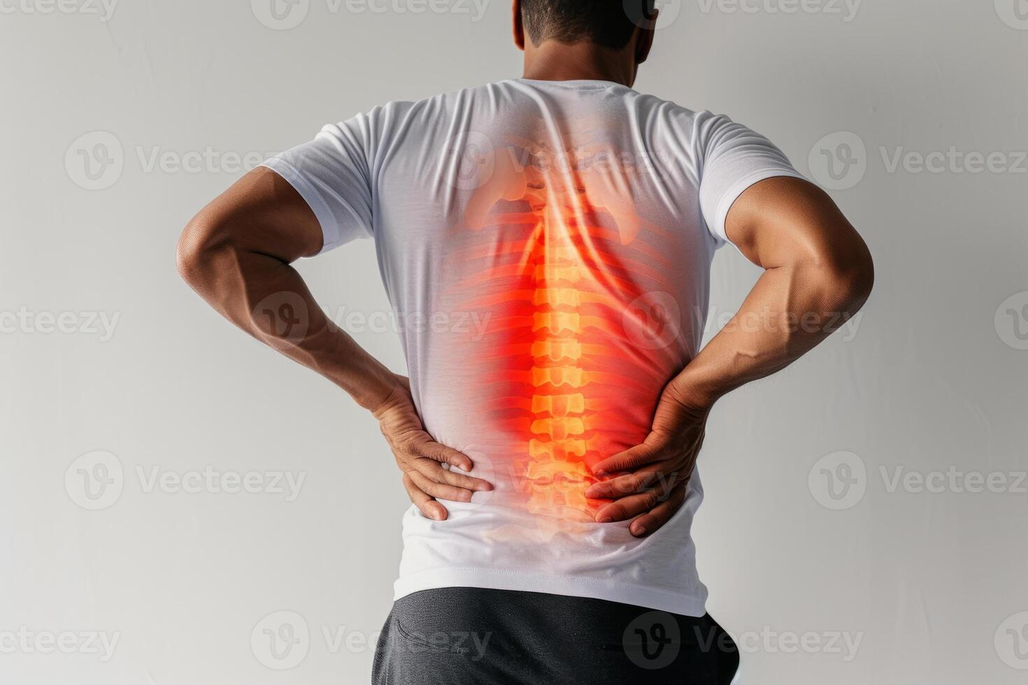 AI generated Man suffering from pain in back. Rear view of a man holding his back in pain. Generative AI photo